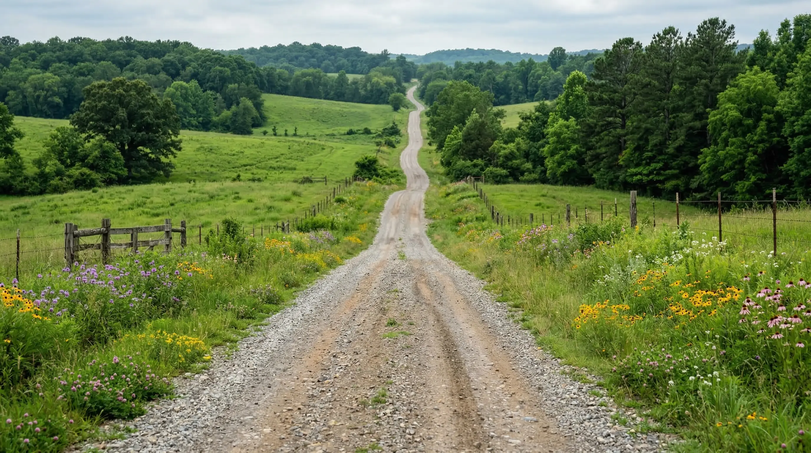 Gravel road through green Oklahoma countryside