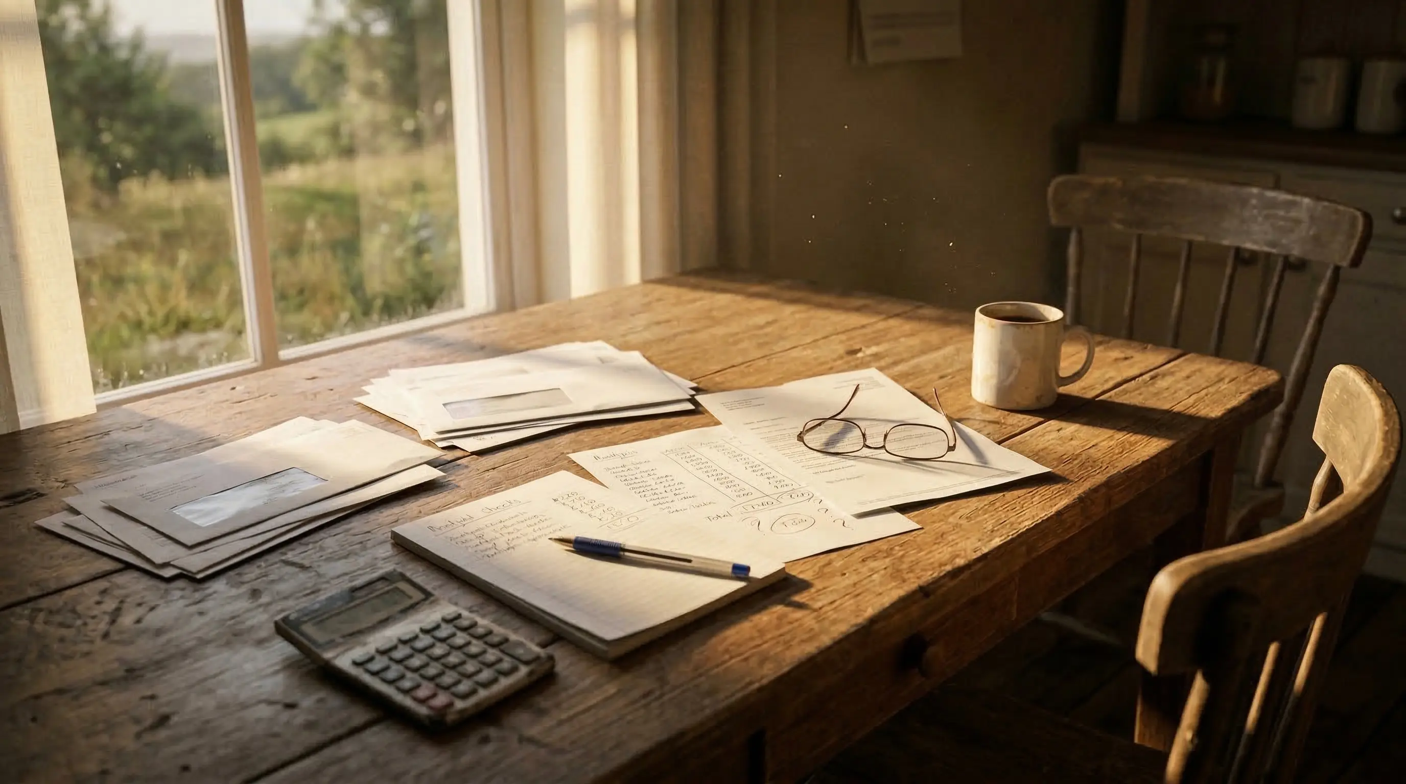 Kitchen table in morning light with papers and coffee