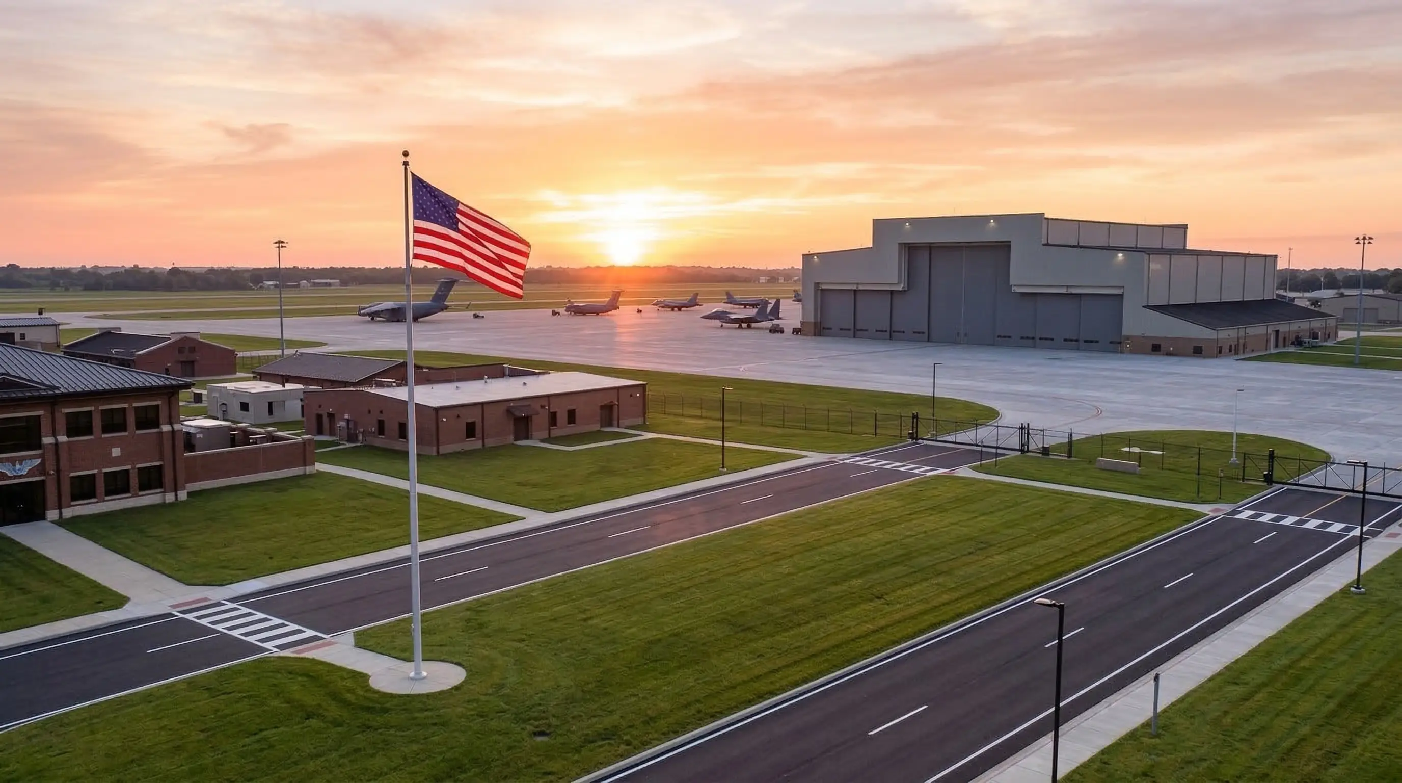 U.S. Air Force base at dawn with American flag