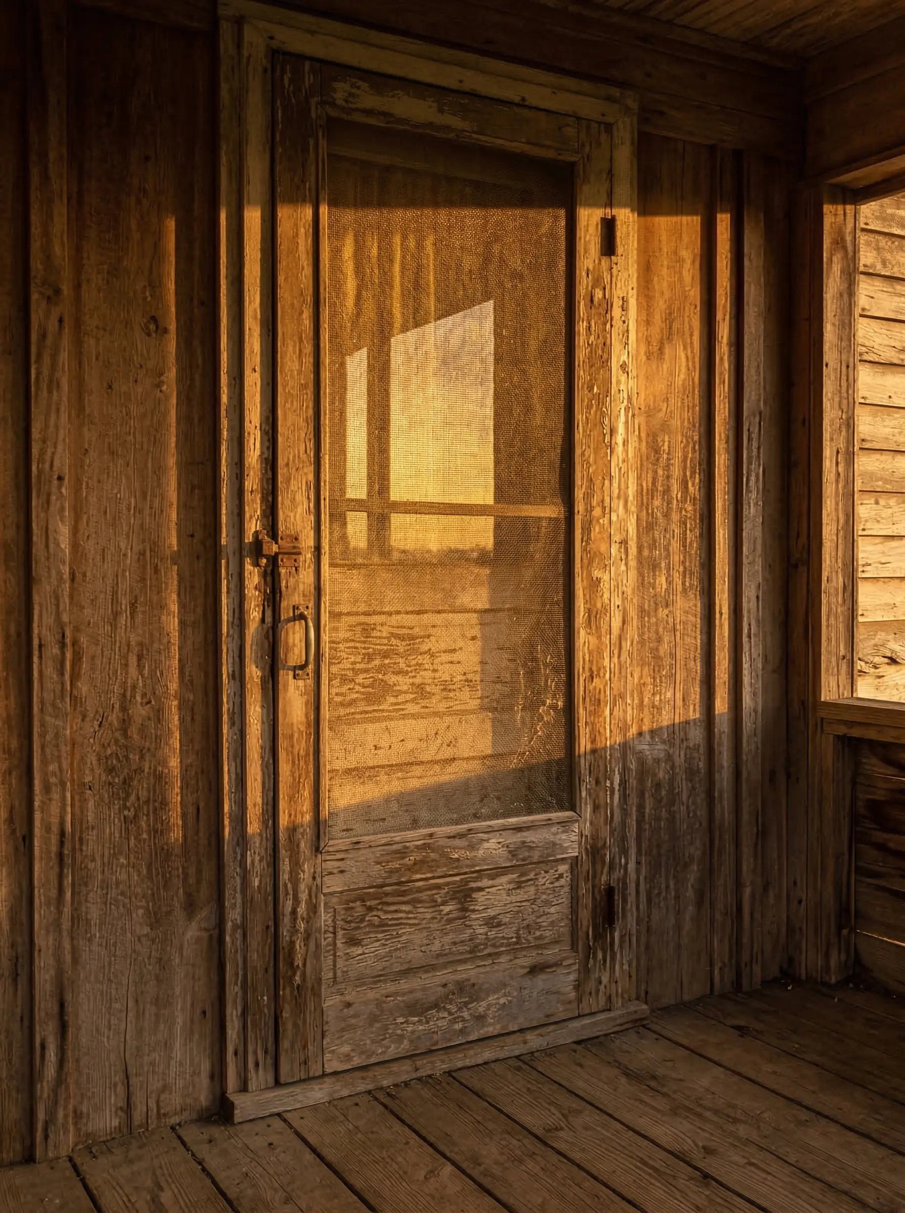 Screen door on a rural Oklahoma porch at sunset