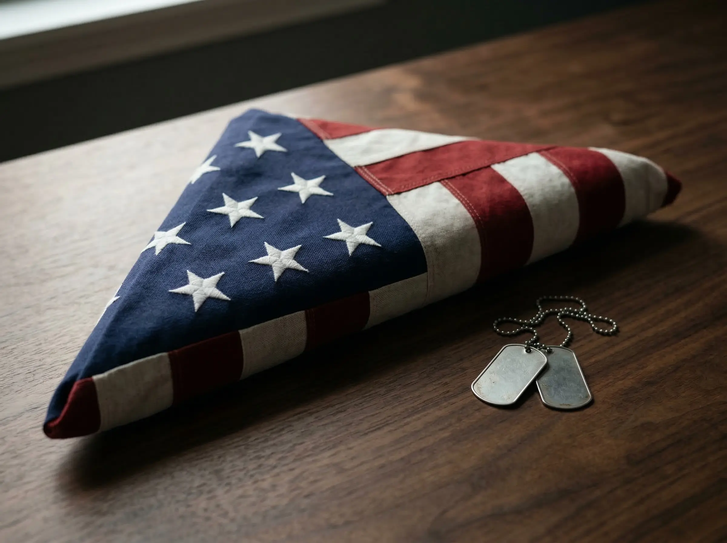 Folded American flag with military dog tags